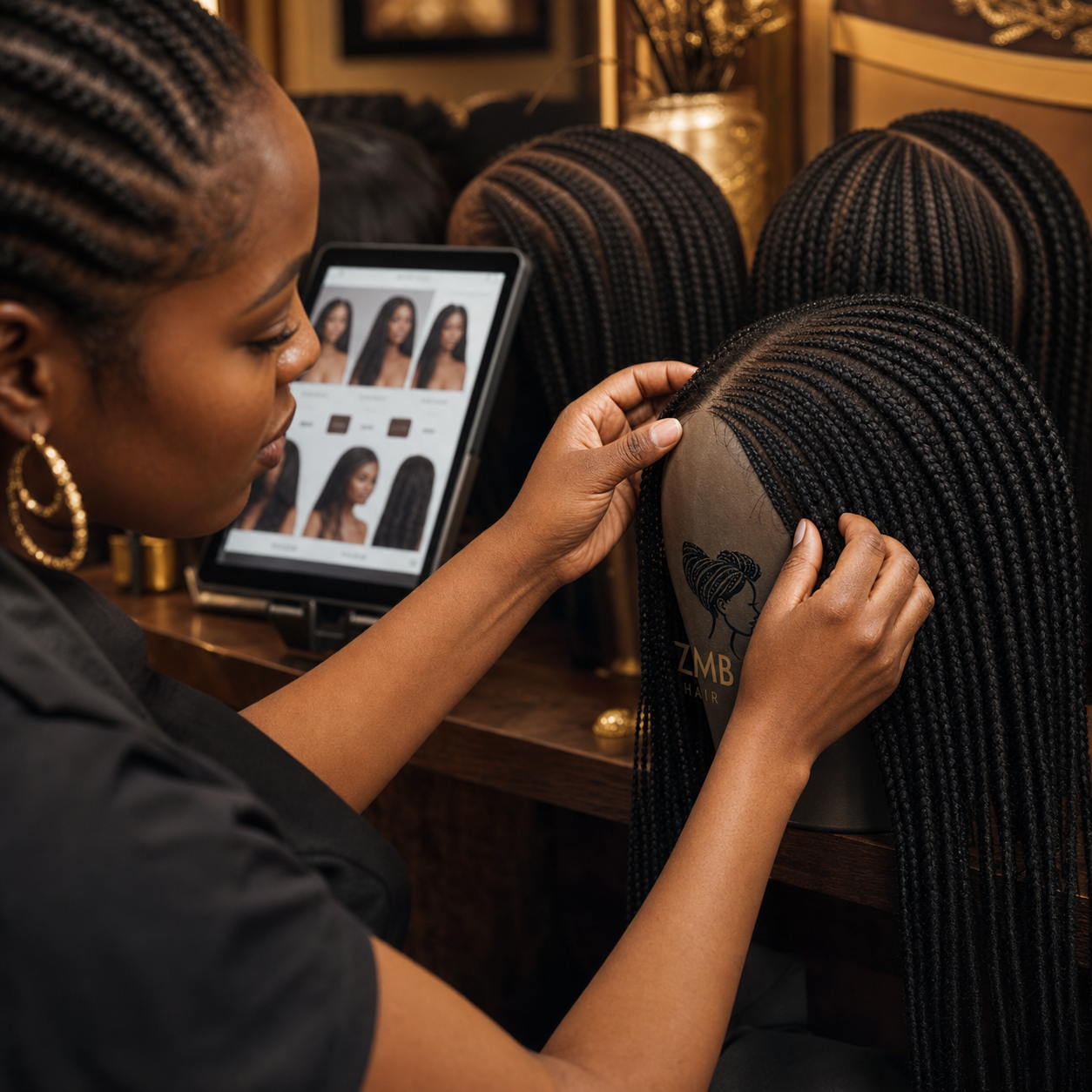 A hairstylist showing her catalog on a phone