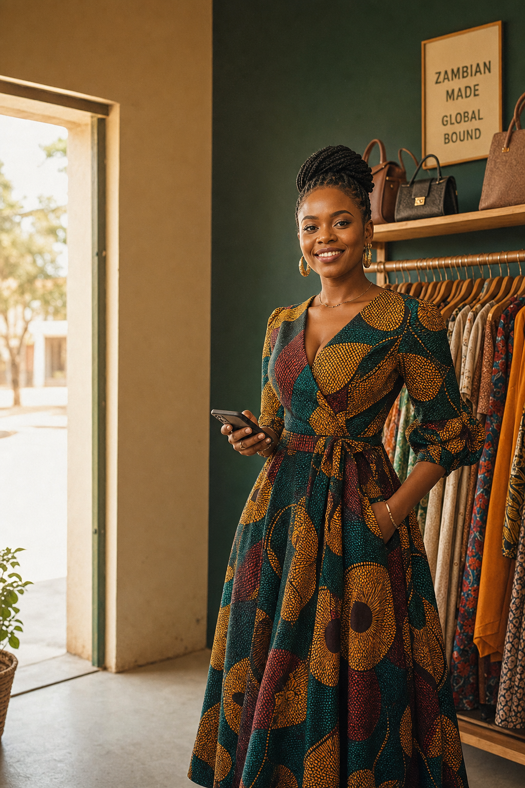 Portrait of a small business owner holding her phone in her shop
